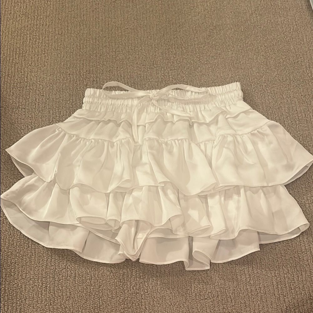 Day + Moon Satin White Ruffle Mini Skirt